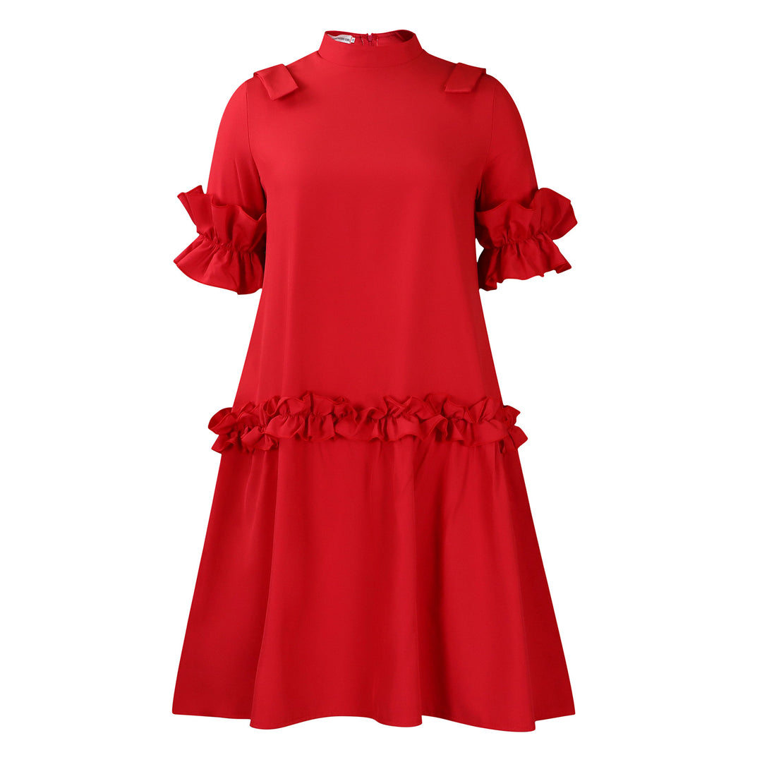 Damen Midikleid mit voluminösen Rüschenärmeln und elegantem Stehkragen Drune