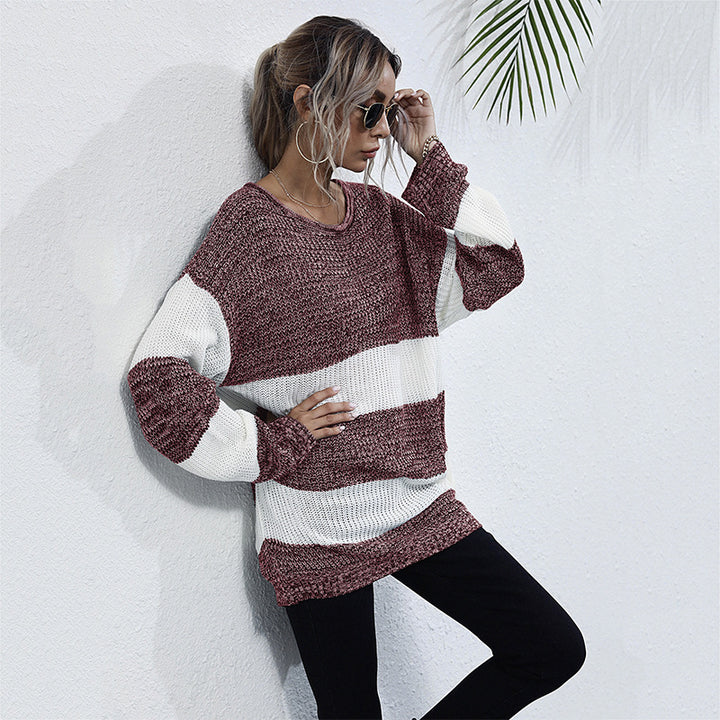 Damen Oversize Longpullover mit Blockstreifen und Rundhalsausschnitt Drune