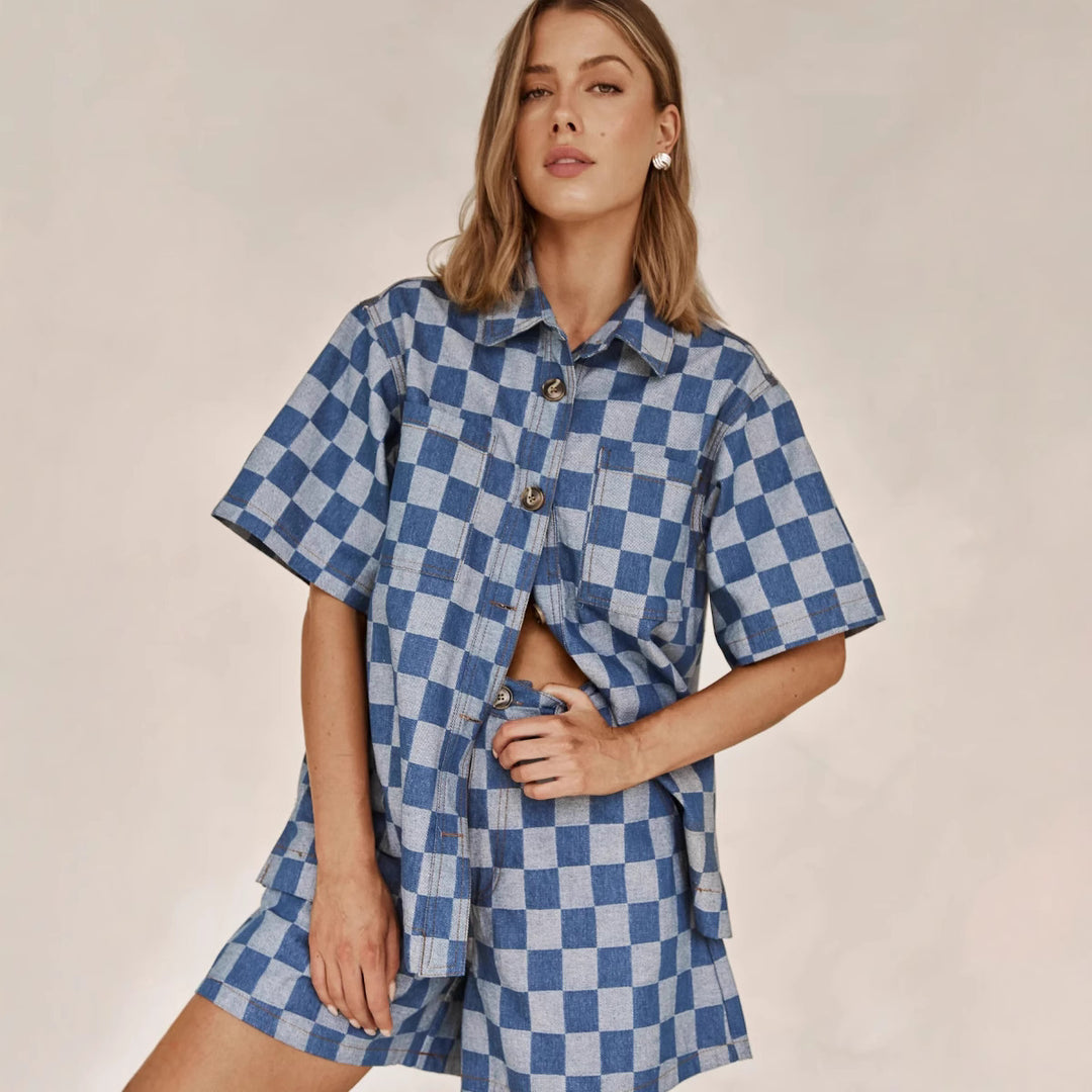 Damen Karierter Hemden-Set aus Denim Drune