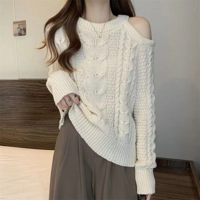 Damen Grobstrickpullover mit asymmetrischem Schulterdesign und Zopfmuster Drune