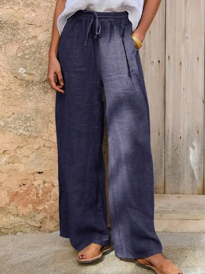 Damen Hochgeschnittene Leinenpalazzo-Hose mit Kordelzug und weitem Bein Drune