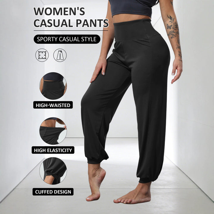 Damen weiche High-Waist Relax-Hose mit weitem Bein, elastischem Komfortbund und gekräuseltem Knöchelabschluss Drune