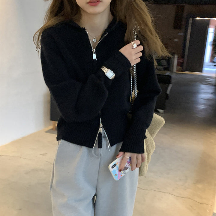 Damen modische Strickjacke mit Kapuze und Reißverschluss Drune