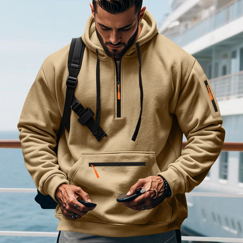 Herren nan technischer Half-Zip Hoodie mit Kängurutasche, Ärmeltasche und Reißverschluss-Details Drune