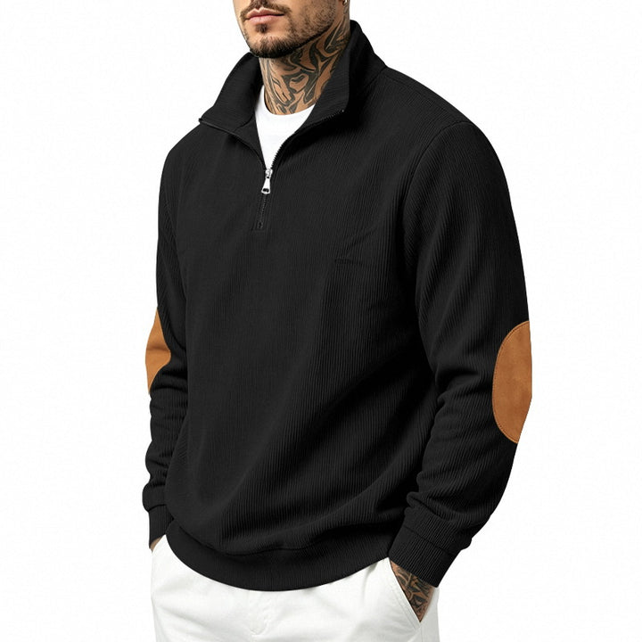 Herren Leichter Struktur-Halbzip-Pullover mit Cord‑Ellbogenpatches und Stehkragen Drune