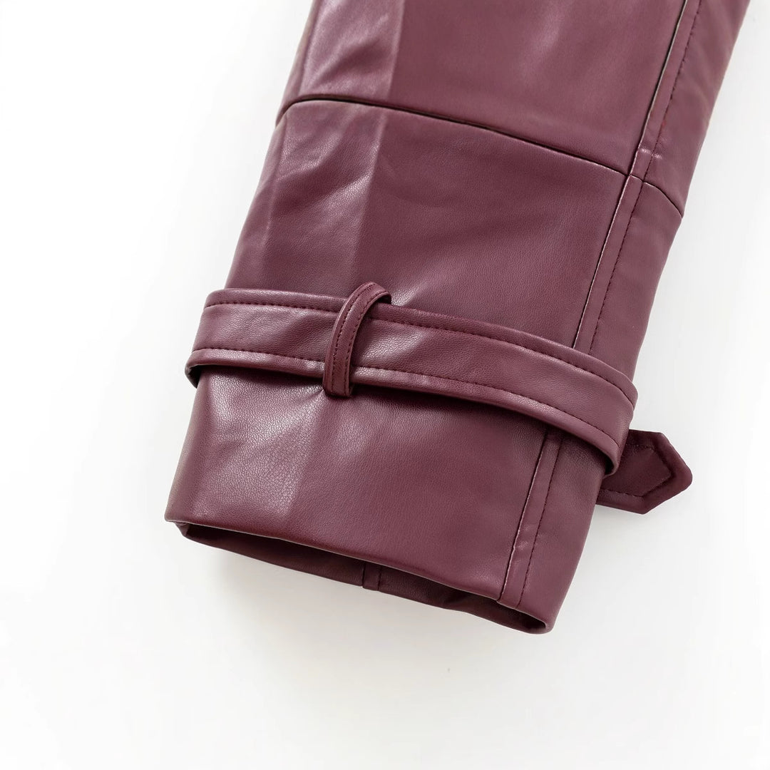 Damen Kurzer Trench-Mantel mit Taillengürtel und Schulterklappen aus veganem Leder Drune