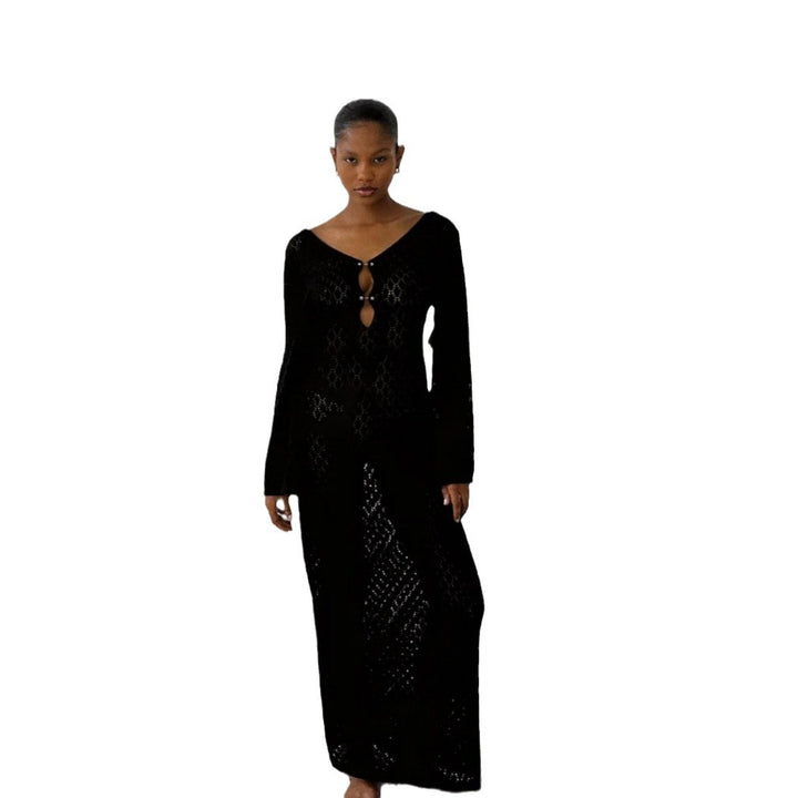 Damen Strick-Maxikleid mit tiefem V-Ausschnitt und modischen Rüschendetails Drune