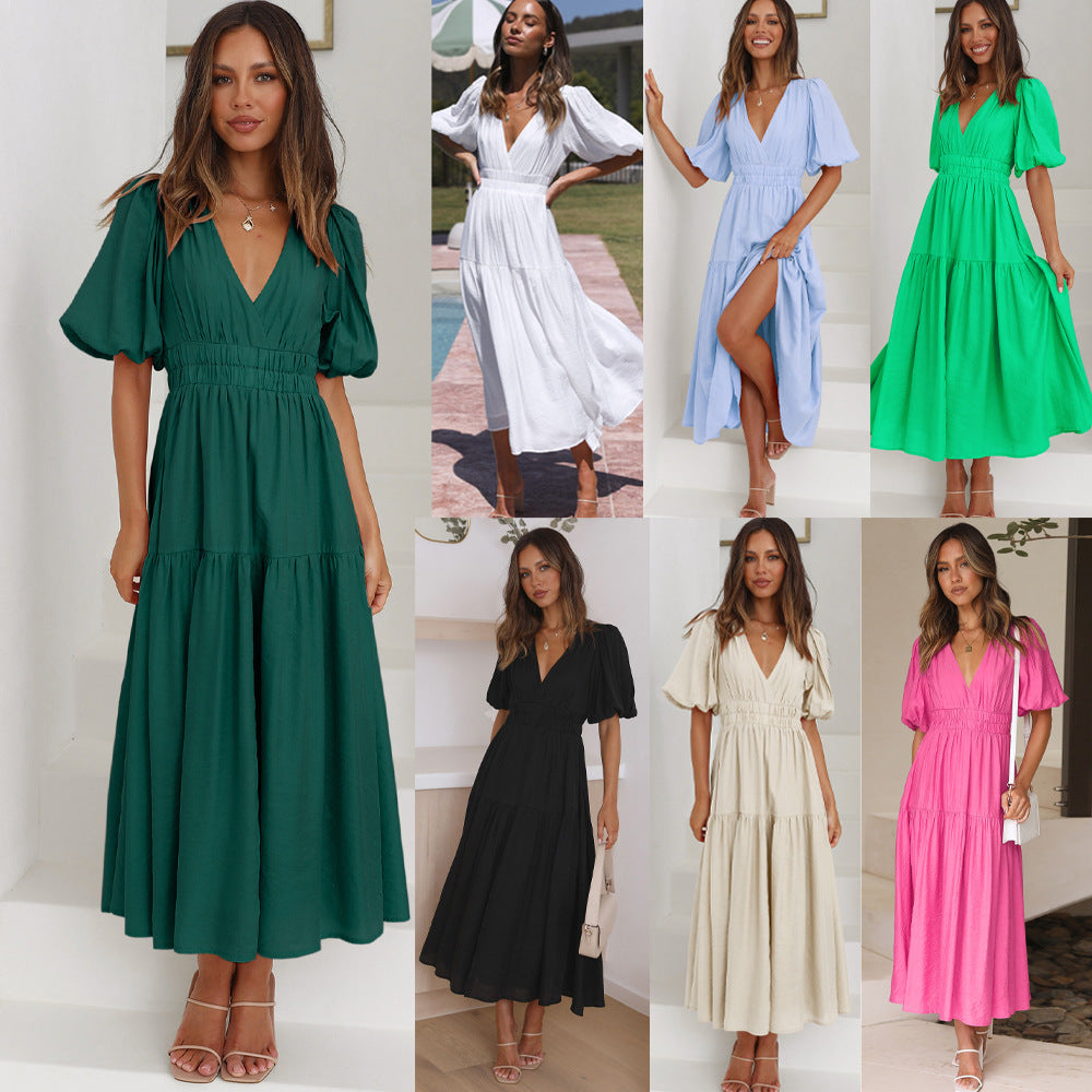 Damen Maxikleid mit tiefem V-Ausschnitt und voluminösen Puffärmeln Drune