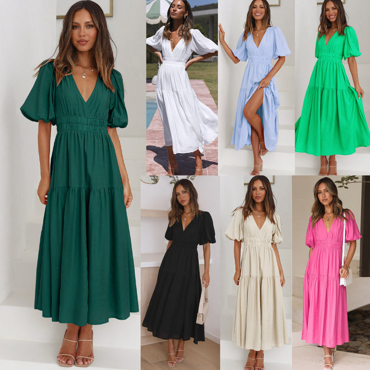 Damen Maxikleid mit tiefem V-Ausschnitt und voluminösen Puffärmeln Drune