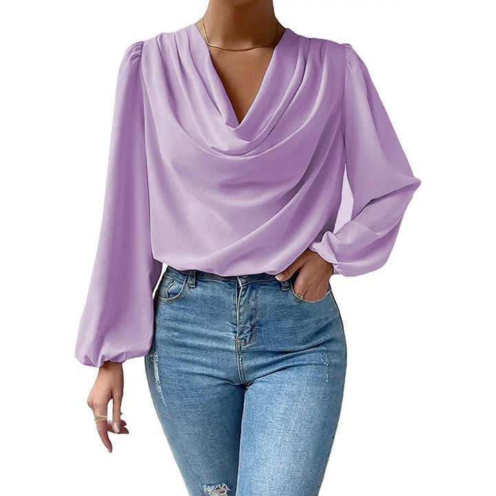 Damen elegante Bluse mit asymmetrischem Halsansatz und langen Ärmeln Drune