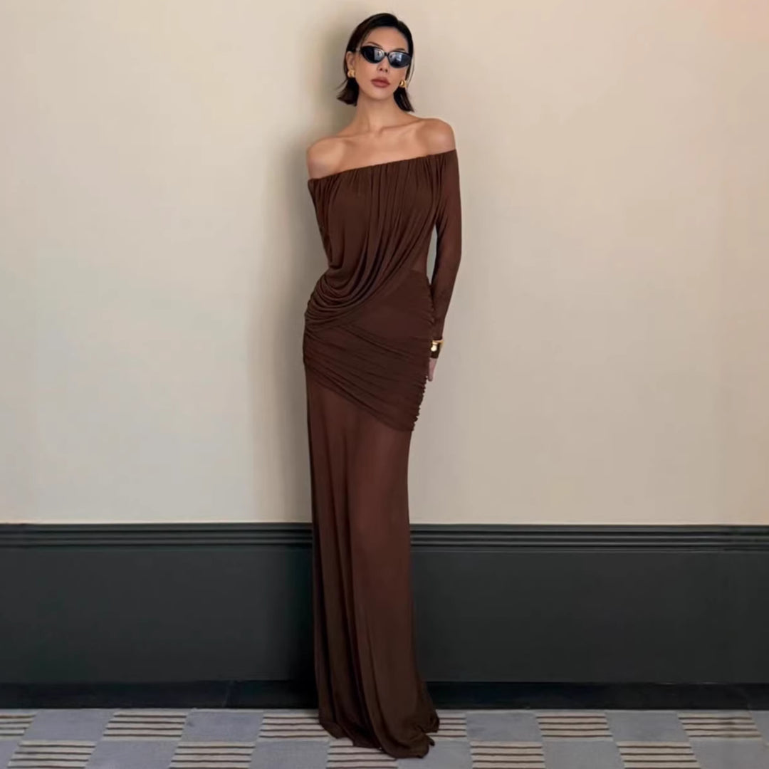 Damen elegantes Kleid mit asymmetrischer Drapierung Drune