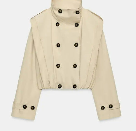 Damen Cropped Trenchjacke mit doppelreihiger Knopfleiste, hohem Stehkragen und taillierendem Elastbund Drune