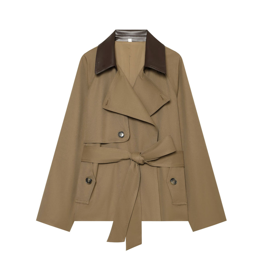 Damen nan kurz geschnittener Trenchcoat mit kontrastierendem Kunstlederkragen, Doppelreiher und Taillengürtel Drune