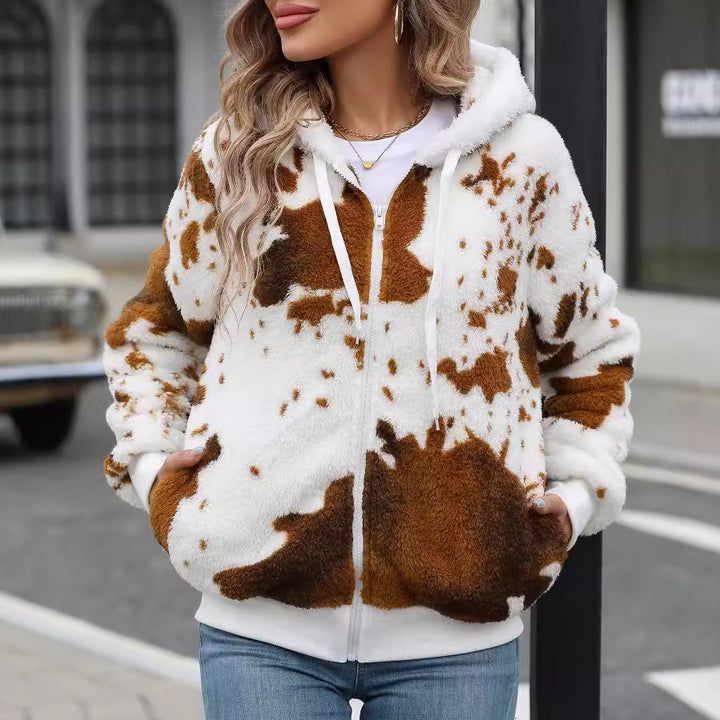 Damen Plüschjacke mit tierischem Muster und praktischen Taschen Drune