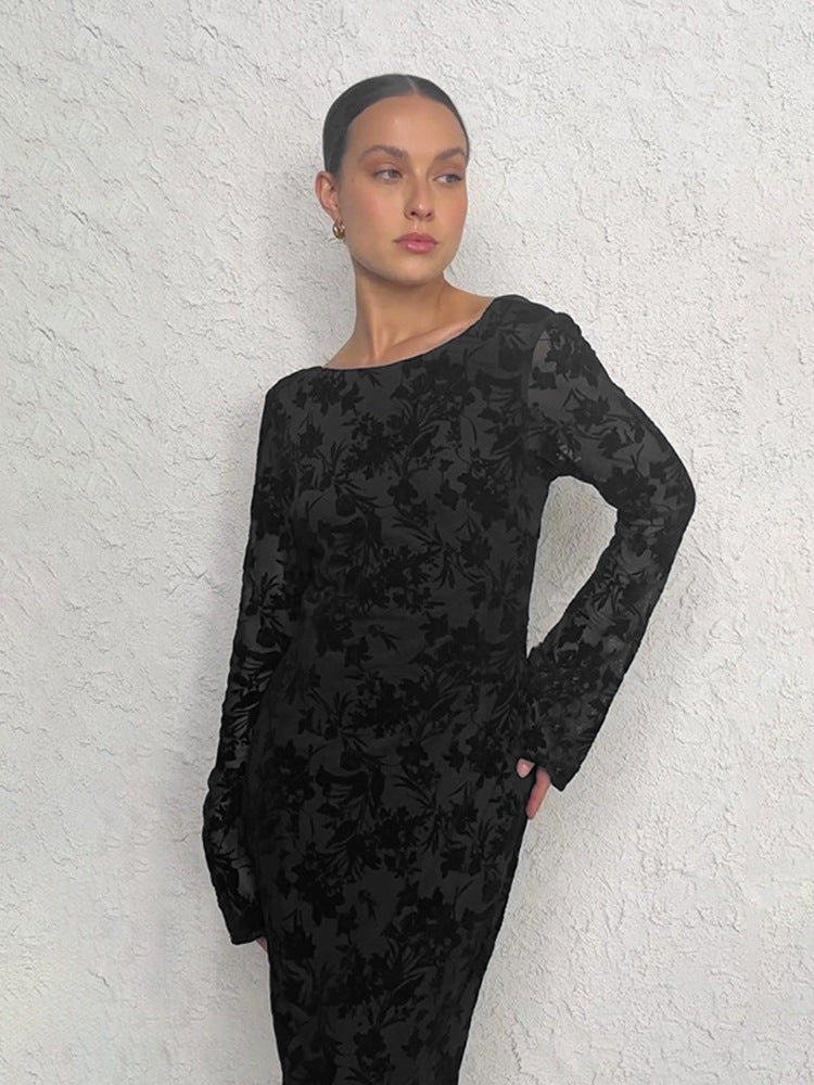 Damen Elegantes Maxikleid mit floralem Strukturdesign und langen Ärmeln Drune