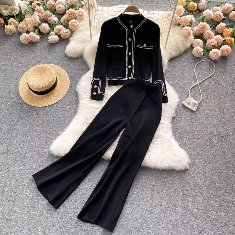 Damen elegantes Strick-Loungewear-Set mit feinen Knopfdetails und weitem Bein Drune
