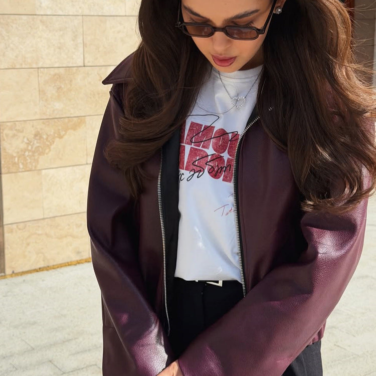 Damen Boxy-Kunstlederjacke mit durchgehendem Reißverschluss, Hemdkragen und leichtem Cropped-Cut Drune