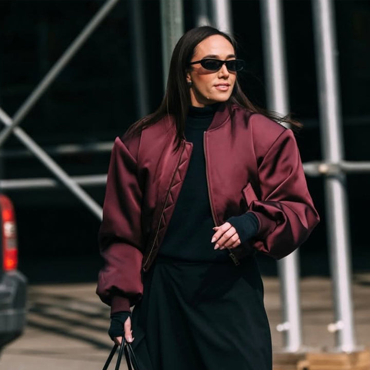 Damen Kurzer Satin‑Bomber mit kastiger Silhouette, Pattentaschen und elastischem Bündchen Drune