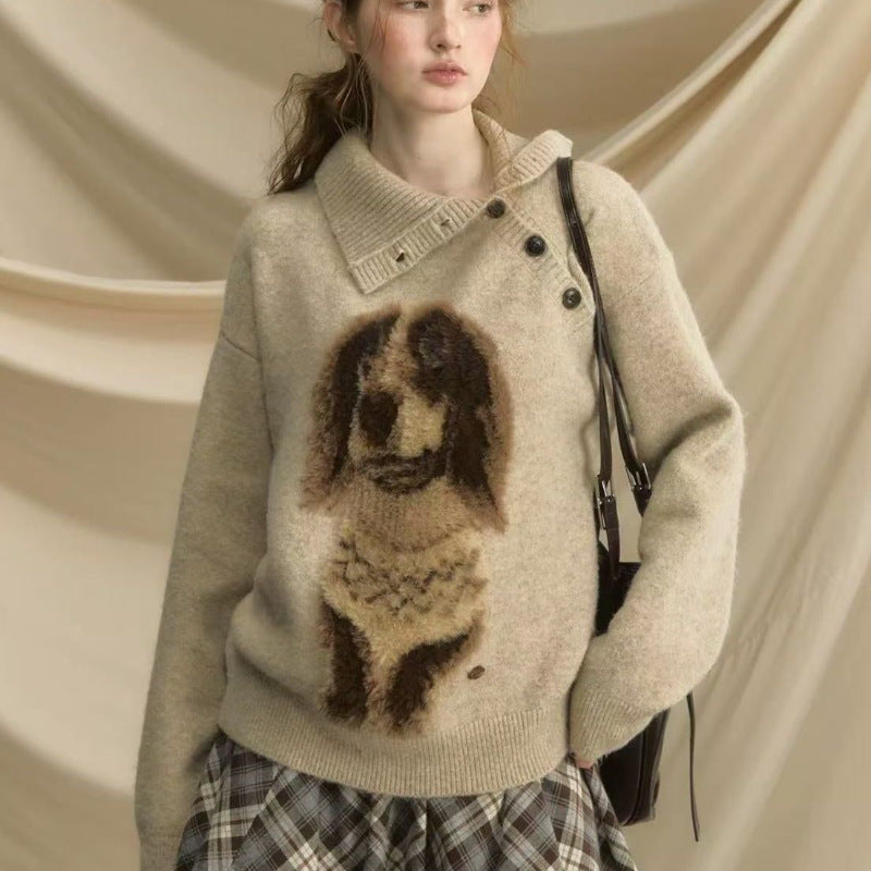 Damen Strickpullover mit tierischem Motiv und hochgeschlossenem Kragen Drune