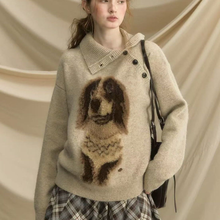 Damen Strickpullover mit tierischem Motiv und hochgeschlossenem Kragen Drune