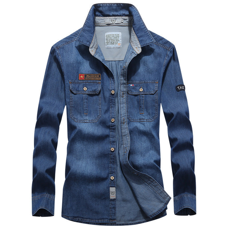 Herren Jeanshemd im Worker‑Style mit Brustklappen, Vintage‑Waschung und Badge‑Details Drune