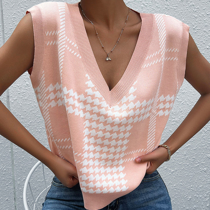 Damen Oversize-Strickweste mit V-Ausschnitt und Hahnentritt-Muster Drune