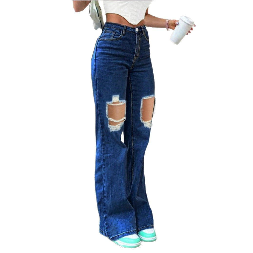 Damen High-Waist Flared-Jeans im Retro-Bootcut mit kniehohen Cut-Outs und Five-Pocket-Design Drune