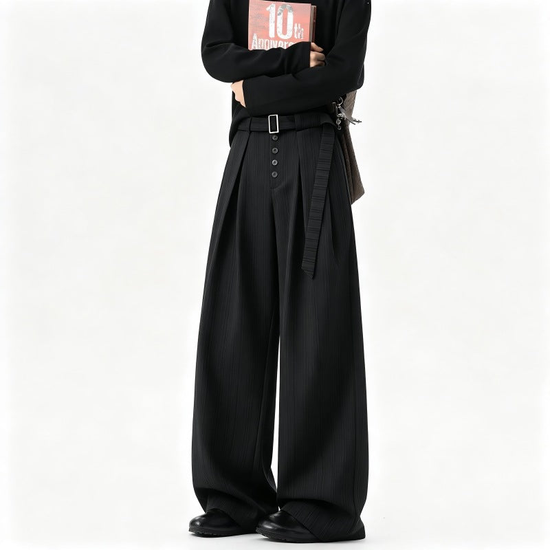 Herren Weite Nadelstreifen-Hose im Baggy‑Cut mit hoher Taille, Falten und Zierknopfleiste Drune