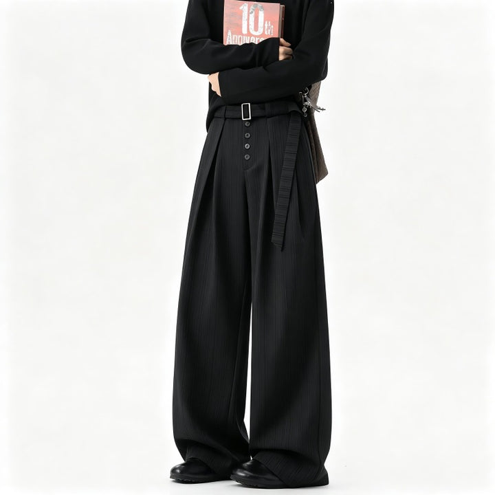 Herren Weite Nadelstreifen-Hose im Baggy‑Cut mit hoher Taille, Falten und Zierknopfleiste Drune