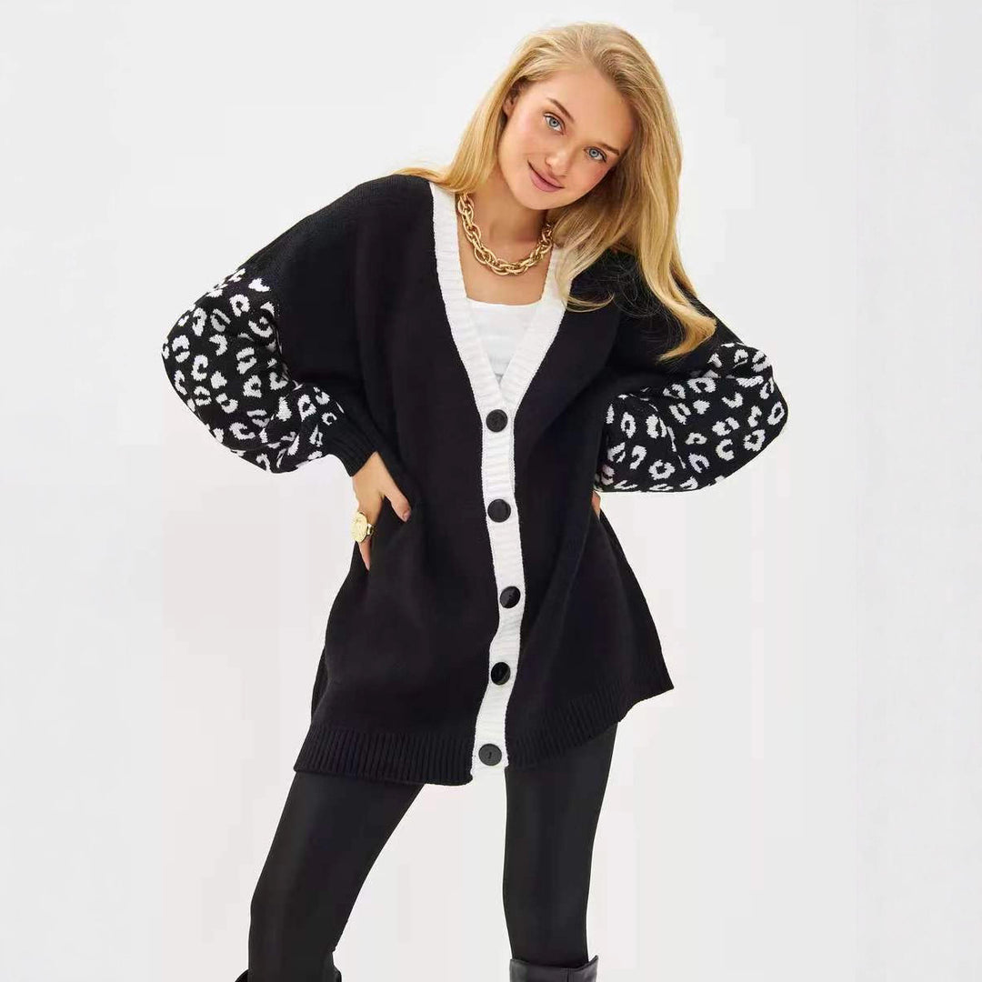 Damen Strickjacke mit modernem Leopardenmuster und tiefem V-Ausschnitt Drune