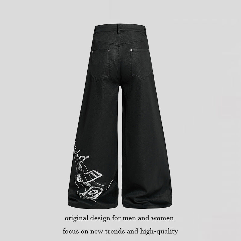 Damen Weite hochgeschnittene Palazzo-Hose mit beschichteter Lederoptik, extra weitem Bein und Statement-Print Drune