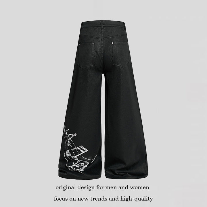 Damen Weite hochgeschnittene Palazzo-Hose mit beschichteter Lederoptik, extra weitem Bein und Statement-Print Drune