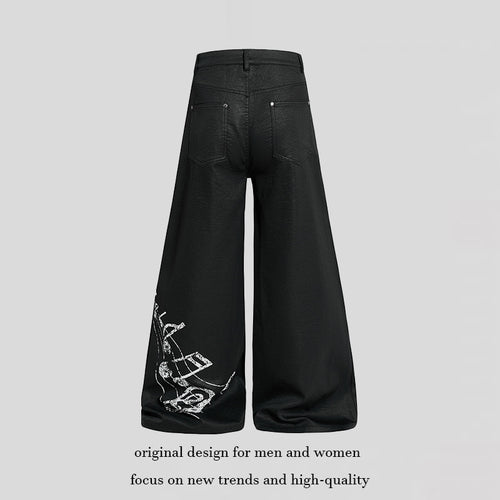 Damen Weite hochgeschnittene Palazzo-Hose mit beschichteter Lederoptik, extra weitem Bein und Statement-Print Drune