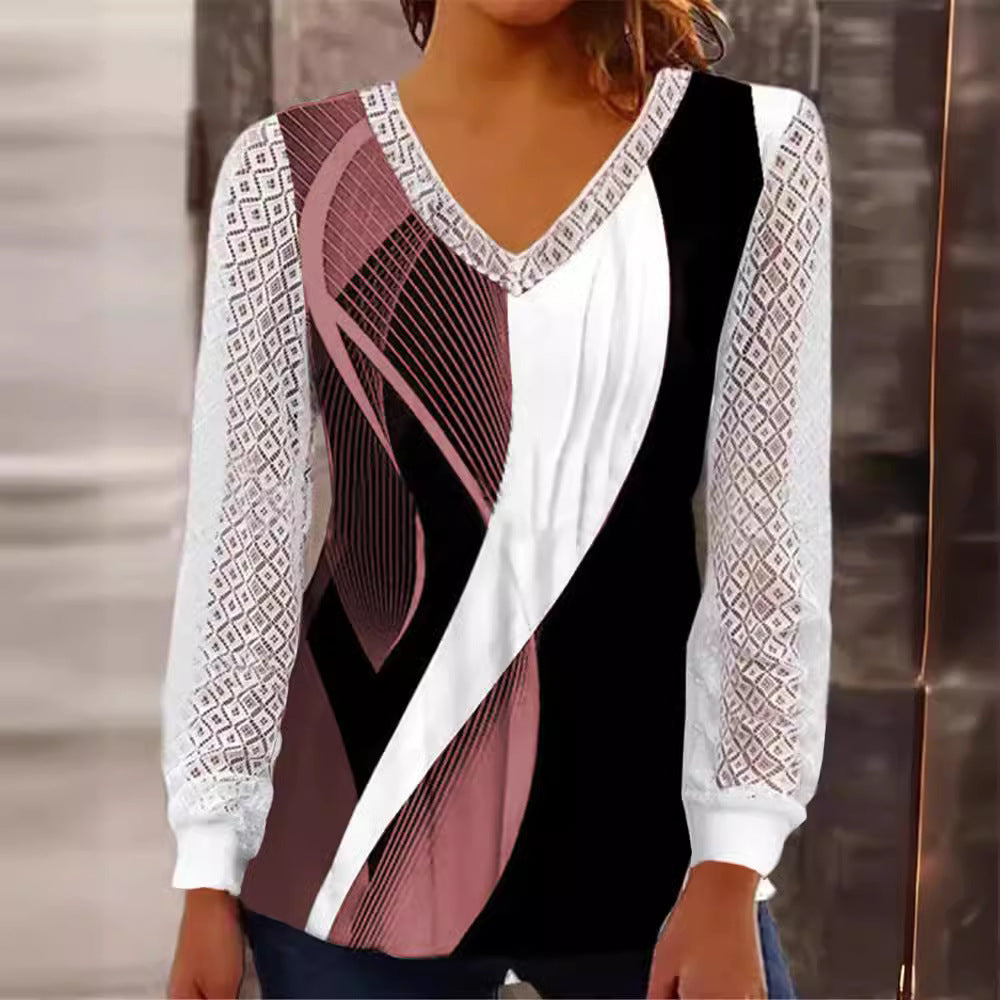 Damen V-Ausschnitt Bluse mit abstraktem Grafikprint und Spitzenärmeln Drune
