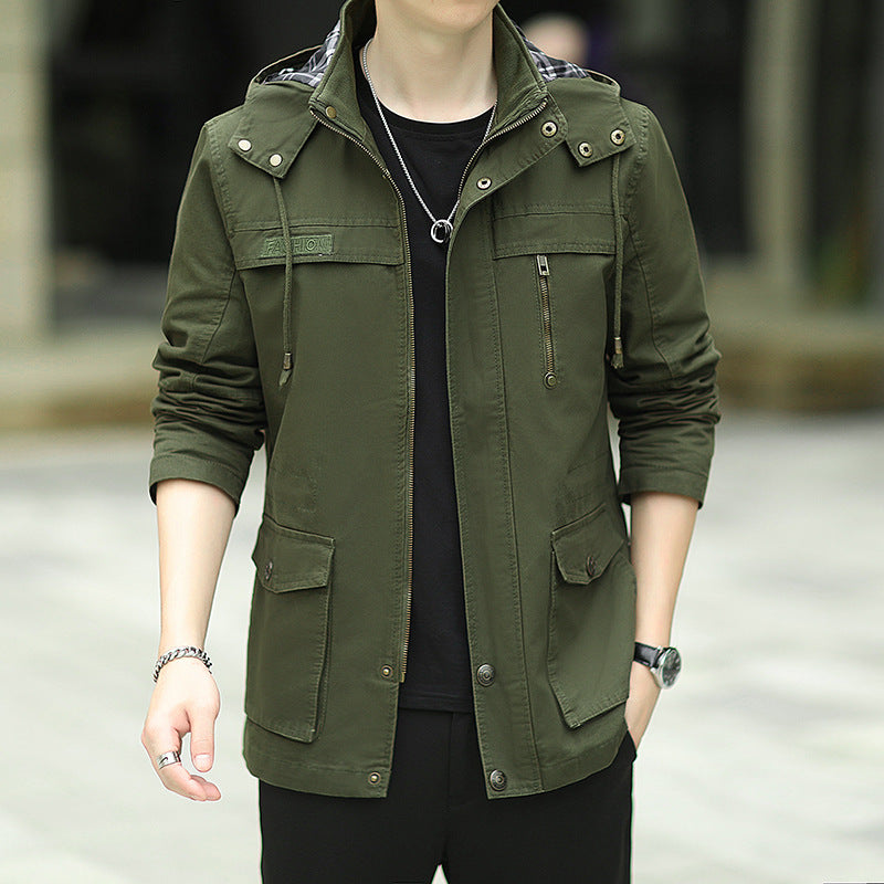 Herren Leichte Fieldjacke mit Kapuze, Multifunktionstaschen und verdecktem Reißverschluss Drune