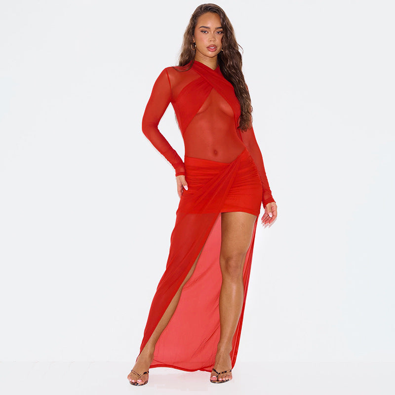Damen Transparente Langarmkleid mit hohem Schlitz und drapierter Silhouette Drune