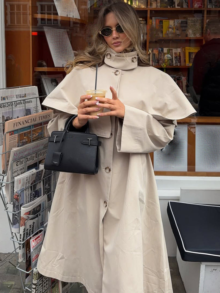 Damen Oversize-Trenchcoat mit Cape-Detail und hohem Stehkragen Drune