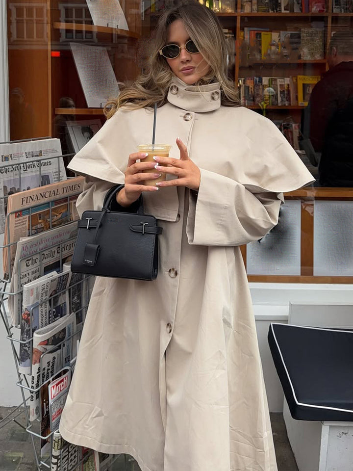 Damen Oversize-Trenchcoat mit Cape-Detail und hohem Stehkragen Drune