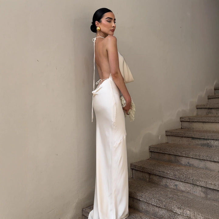 Damen elegantes Chiffon-Maxikleid mit tiefem Rückenausschnitt und raffiniertem Wickeldesign Drune