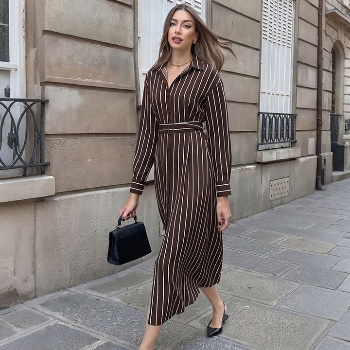 Damen Hemdblusenkleid mit Taillengürtel und vertikalem Nadelstreifen Drune