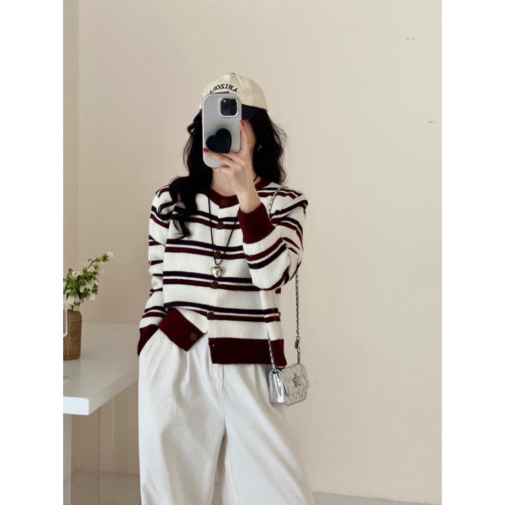 Damen modischer Knopf-Cardigan mit Streifenmuster Drune