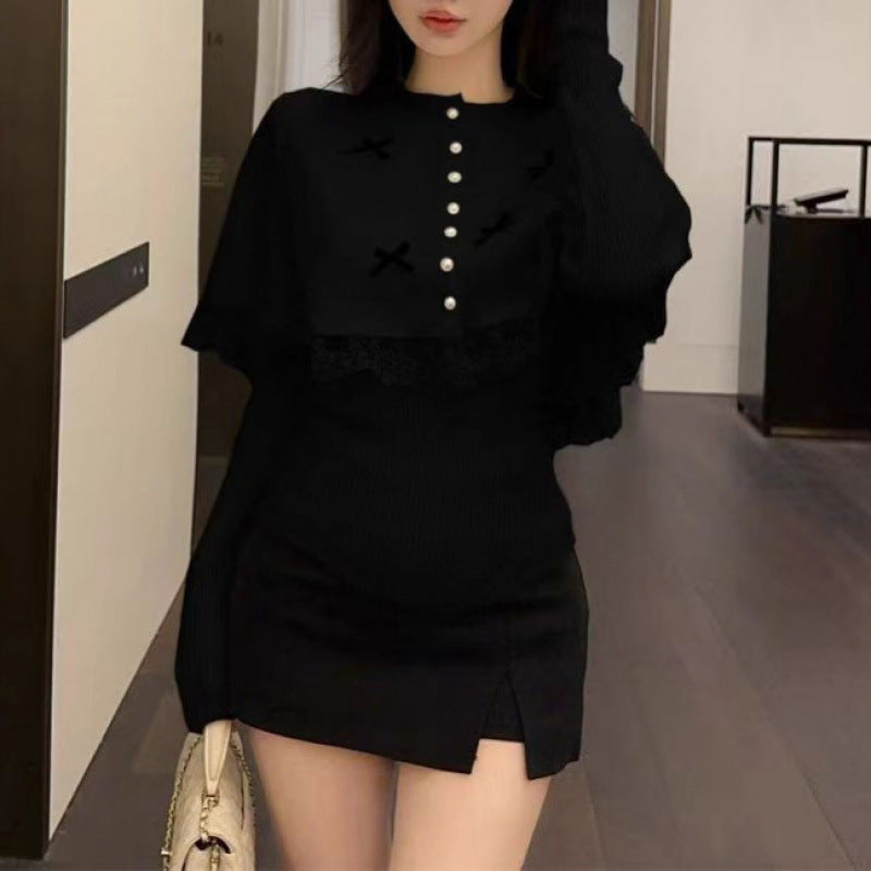 Damen Elegante Strickbluse mit Spitzenbesatz und dekorativen Knöpfen Drune