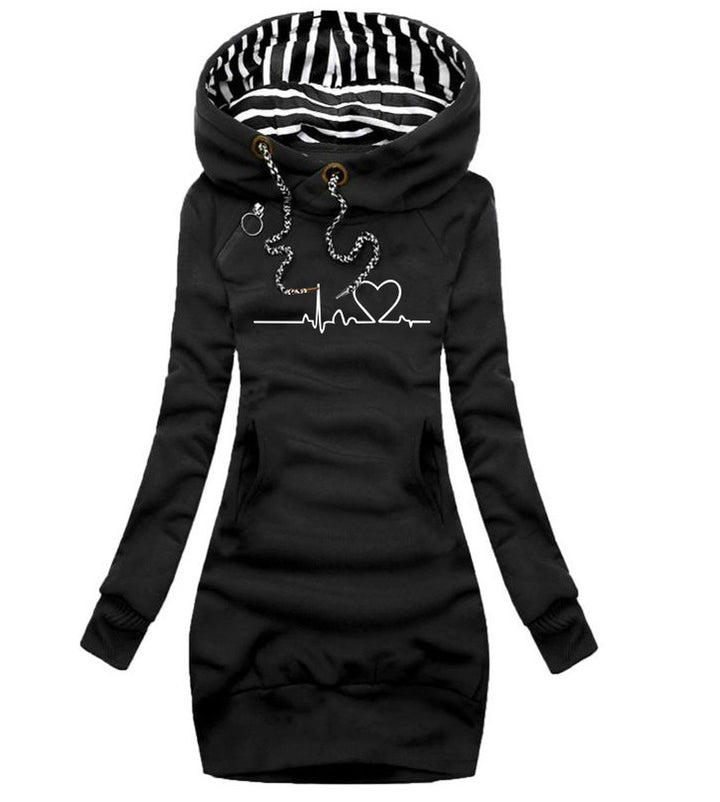Damen Kapuzen-Sweatkleid mit gestreiftem Kapuzenfutter, Kängurutasche und Herz-EKG-Druck Drune