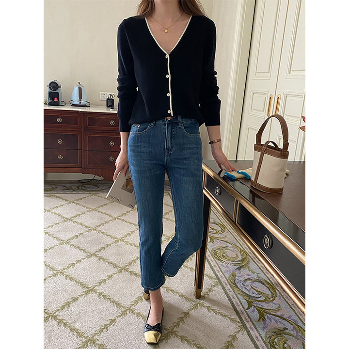 Damen modischer Cardigan mit V-Ausschnitt und Knopfdetails Drune