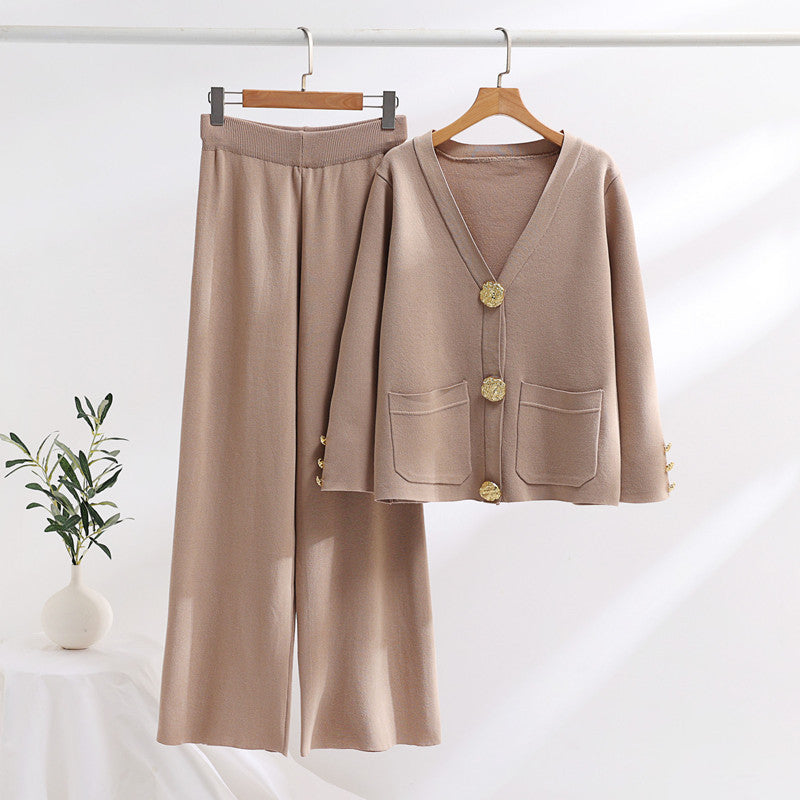 Damen elegantes Strick-Loungewear-Set mit weiten Bein und schönen Knöpfen Drune