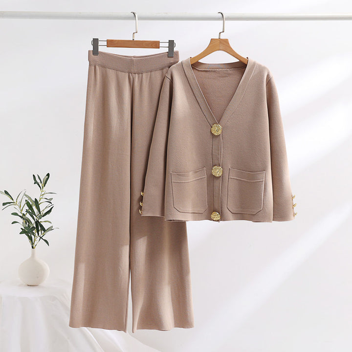 Damen elegantes Strick-Loungewear-Set mit weiten Bein und schönen Knöpfen Drune