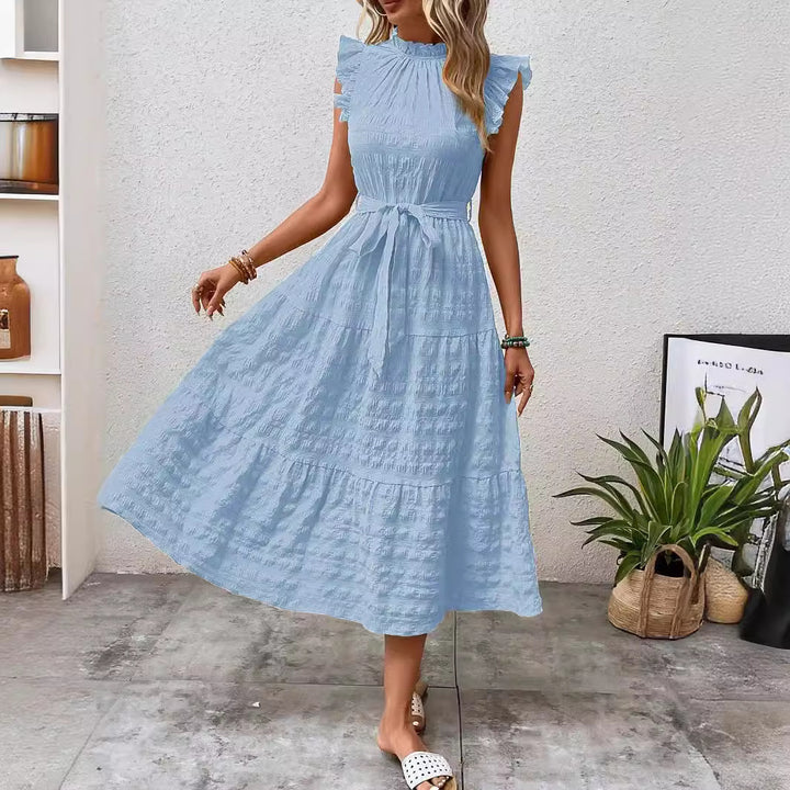 Damen Midikleid mit Stehkragen, Rüschenärmeln und Taillengürtel Drune