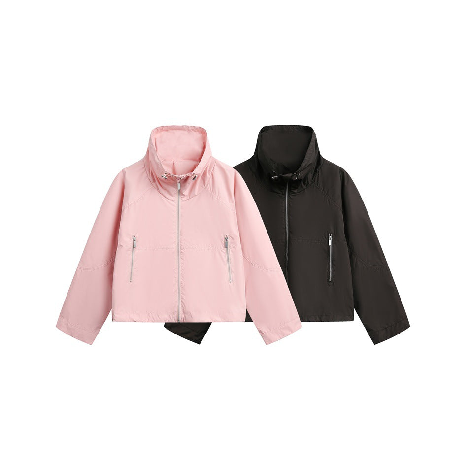 Damen Leichte Cropped Übergangsjacke mit hohem Stehkragen und Reißverschlusstaschen Drune