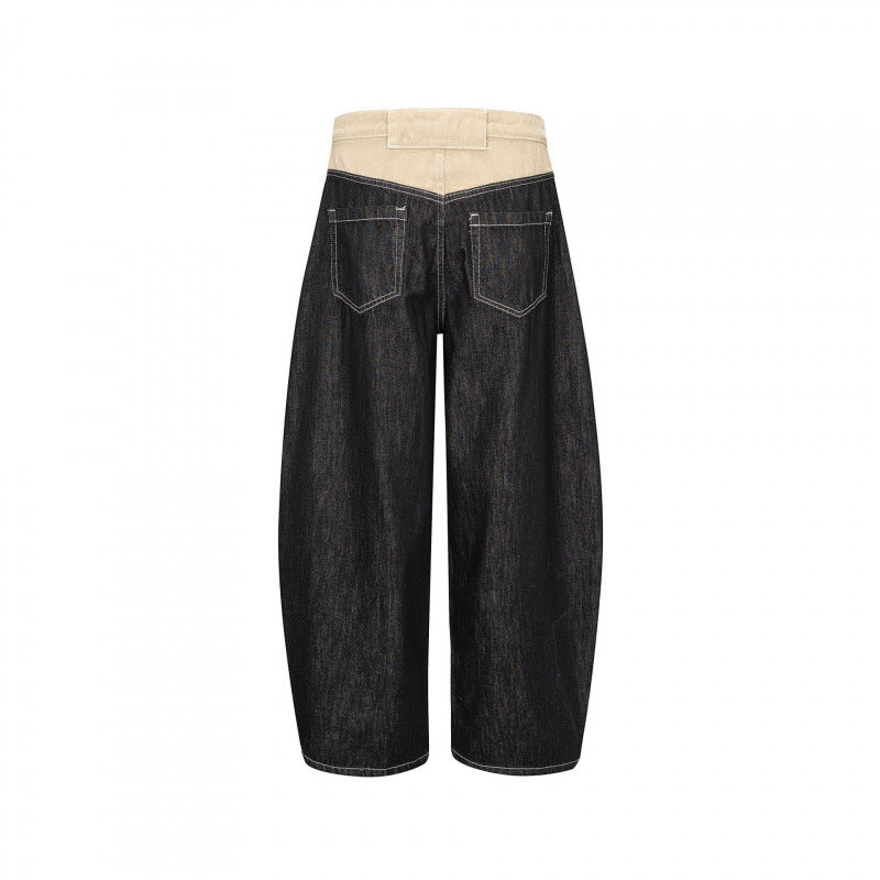 Unisex Weite zweifarbige Denimhose mit hohem Bund und kontrastierten Eingrifftaschen Drune