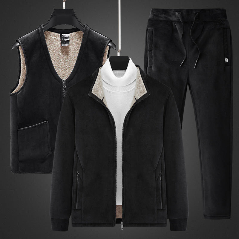 Herren wärmendes Fleece-Dreiteiliges Set mit Reißverschlussjacke, Teddyweste und Jogginghose Drune